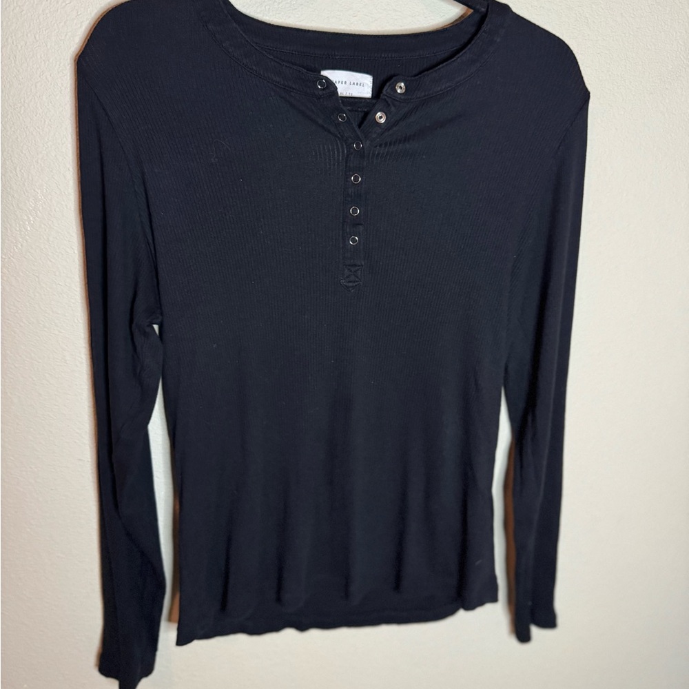 Paper Label Black Ribbed Henley Long Sleeve Top Pima Cotton XL